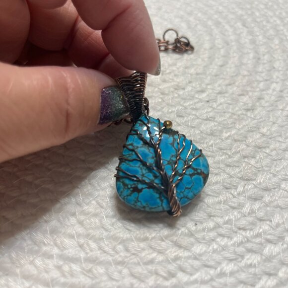 Rustic TURQUOISE COPPER TEARDROP WIRE-WRAPPED TREE Handmade Pendant/Chain #188D - Picture 2 of 3